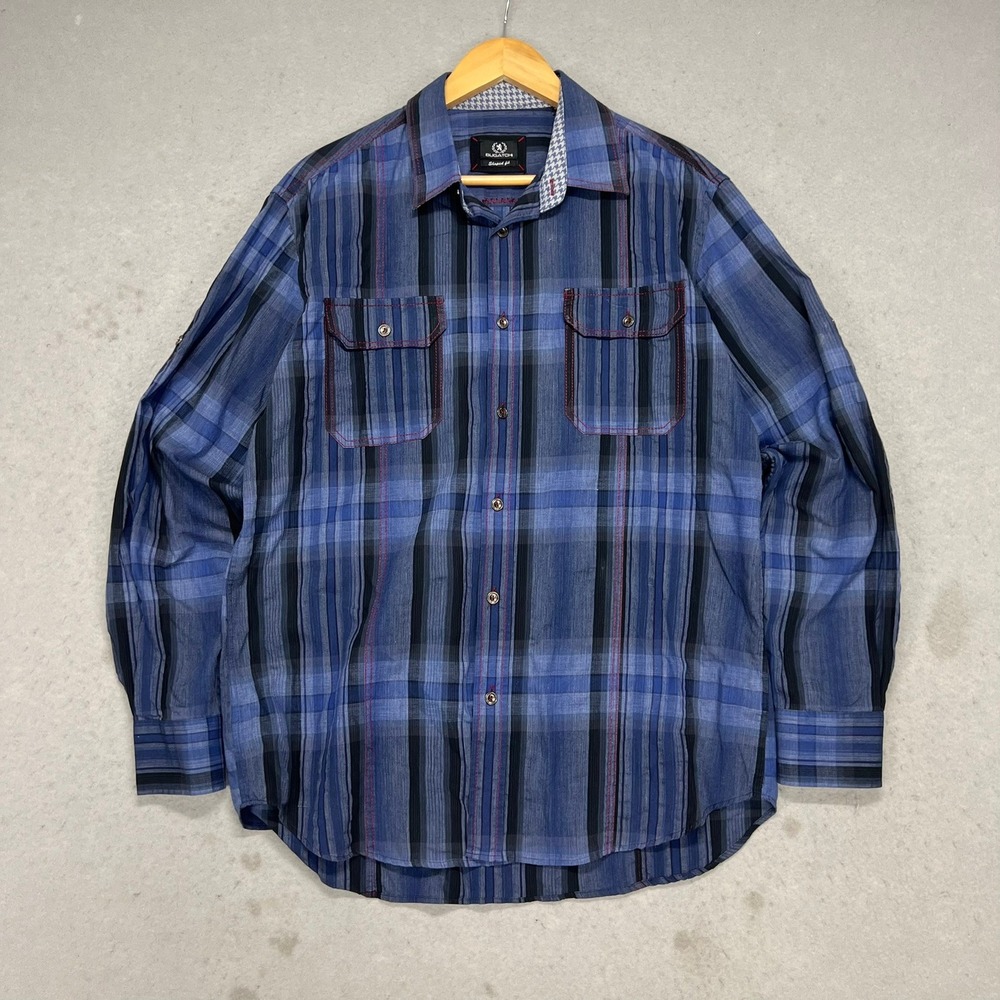 Bugatchi Uomo Mens Shaped Fit Plaid Button Down Shirt Blue Black Long Sleeve L